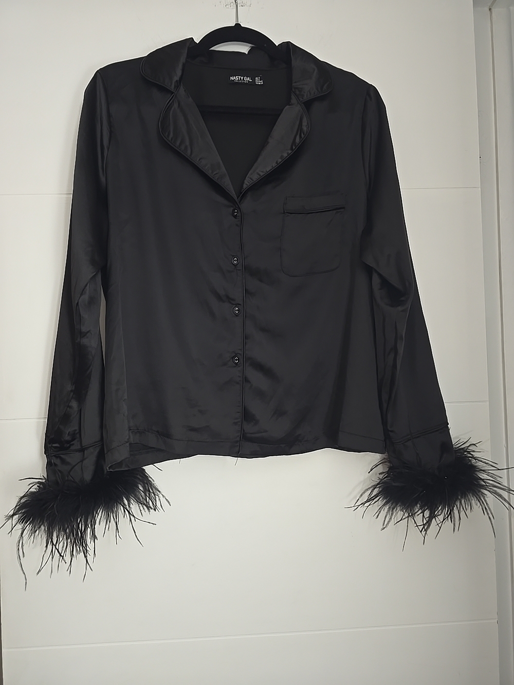 Nasty Gal Collection Black Satin Button Down Pajama Top Feather Cuffs Size US 8